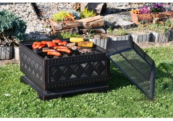 Vatră portabilă pe lemn cu grătar neagră/patină