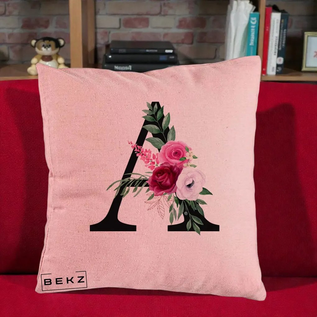 Cadou Personalizat - Perna Personalizata Monograma Florala Litera A, 40x40 cm, Roz, Husa Detasabila, Perna Inclusa, BEKZ®