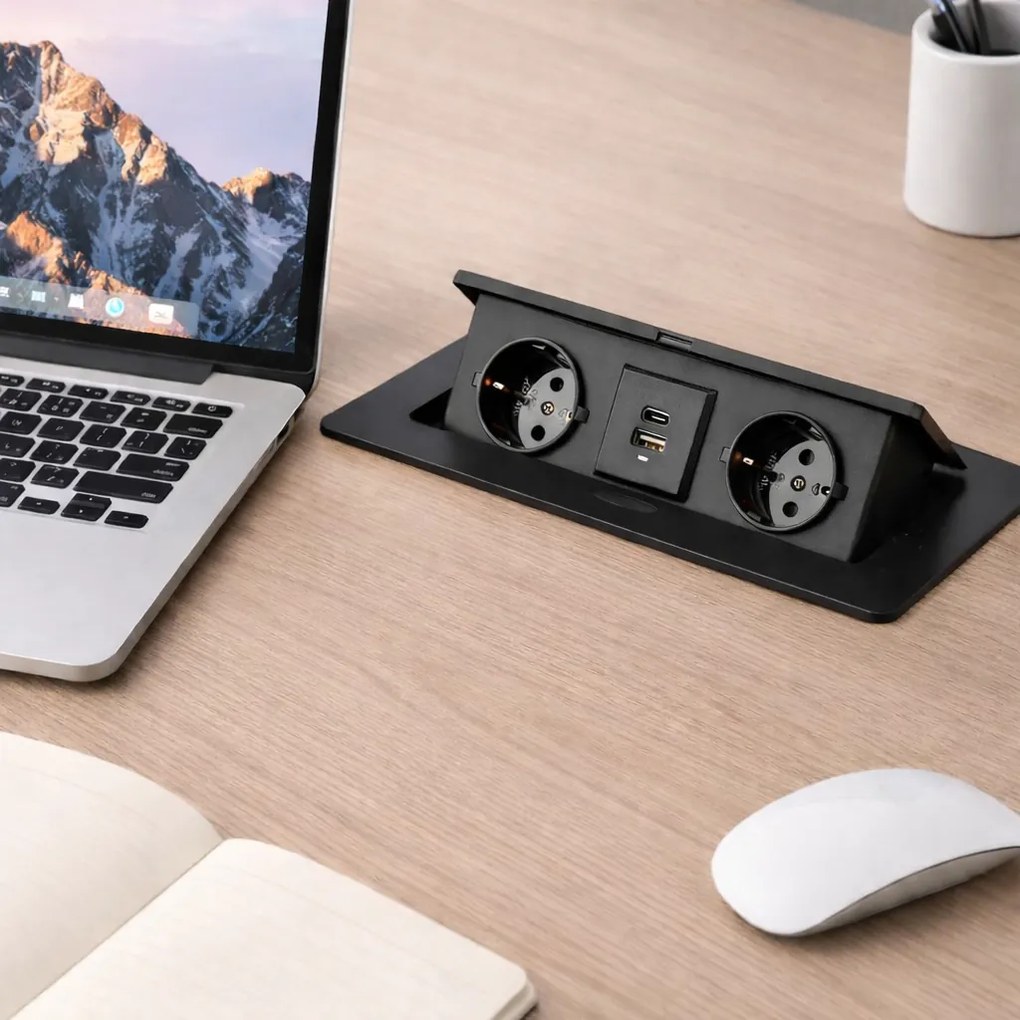 Priză încorporabilă în blat Kombibox Design Light, 2 prize Schuko, USB A + C, negru, 266 x 133 mm Metal, L:266 mm; l:133 mm, Negru