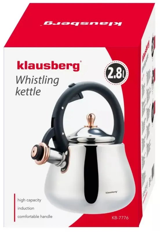 Ceainic cu fluier Klausberg KB 7776, 2.8L, Inductie, Maner izolat termic, Inox/Golden Rose