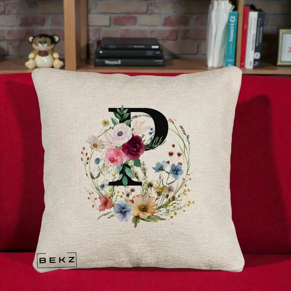 Cadou Personalizat - Perna Personalizata Monogram Litera P cu Flori Acuarela, 40x40 cm, Bej Canapea, Husa Detasabila, Perna Inclusa, BEKZ®