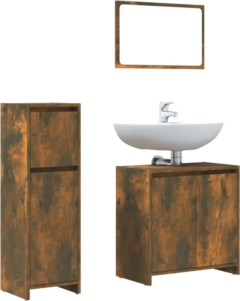 vidaXL Set mobilier de baie, 3 piese, stejar fumuriu, lemn prelucrat
