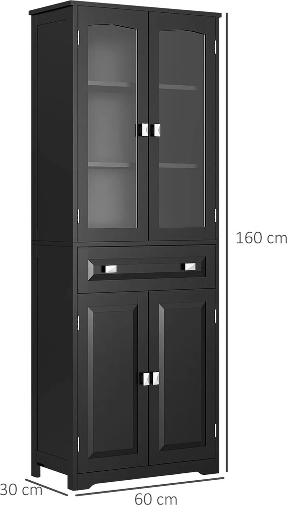 HOMCOM Bufet înalt dulap de bucătărie 4 uși dintre care 2 uși vitrate și 1 sertar înălțime 160 cm cu polițe din lemn negru | Aosom Romania
