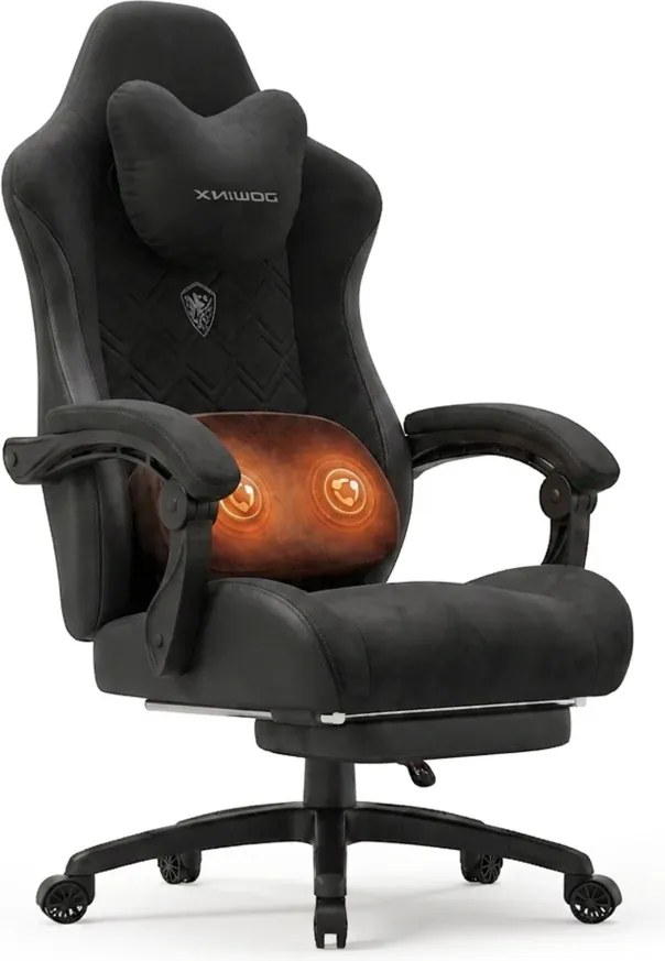 DOWINX Scaun gaming, ergonomic, Incalzire si Masaj cu Role in perna lombara, Șezut cu Arcuri Metalice și Spumă, rabatabil 90°-135°, Suport picioare, rezistent 150 kg, material textil, Negru