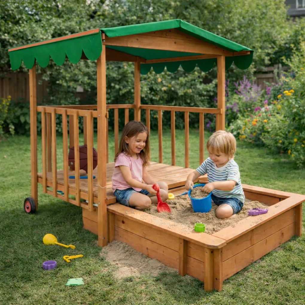 Groapa cu nisip cu verandă HAPPY, 130x130x143cm, maro/verde Jurhan