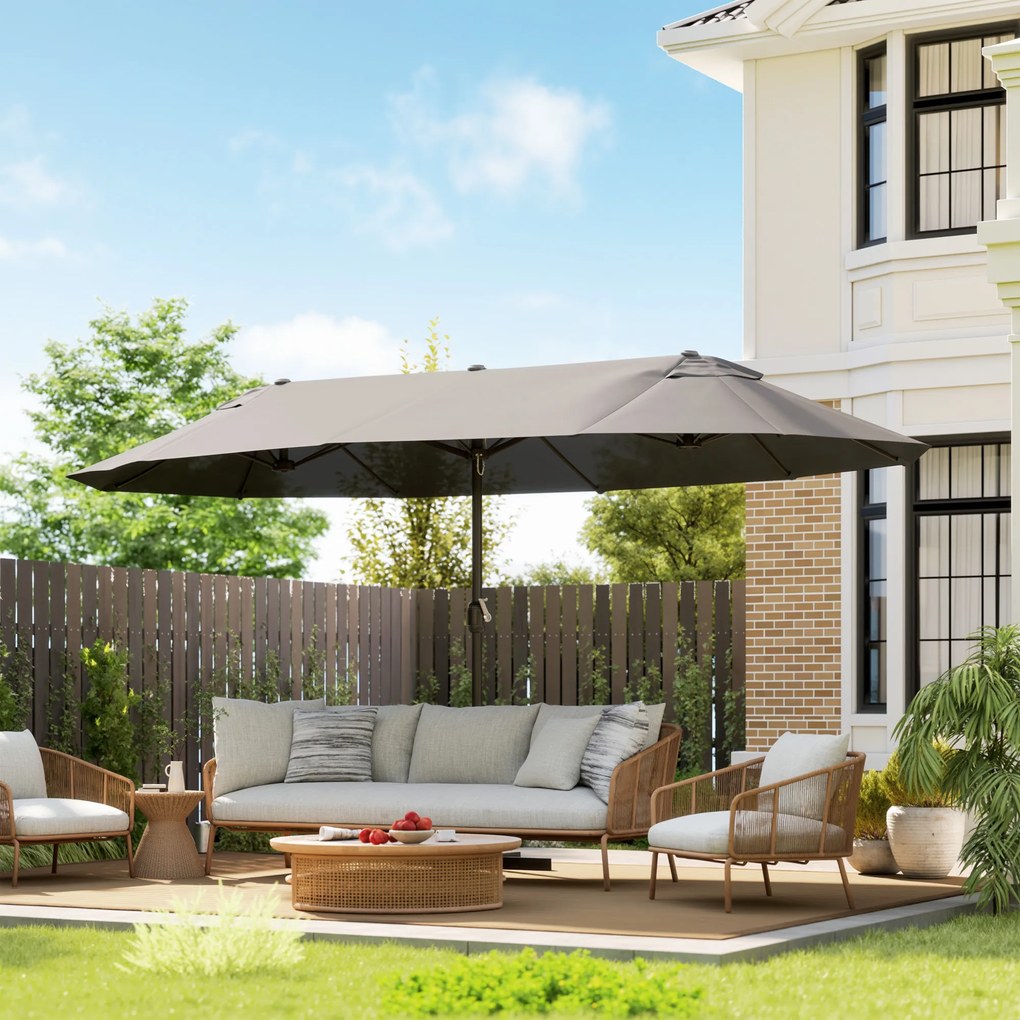 Outsunny Umbrelă Dublă pentru Grădină 455x265x238 cm, Parasolar Mare cu Manivelă Manuală, Rezistentă la Apă, Protecție Solară Gri | Aosom Romania