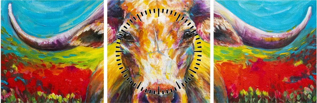 Tablou - Vacă pictată (cu ceas) (90x30 cm)