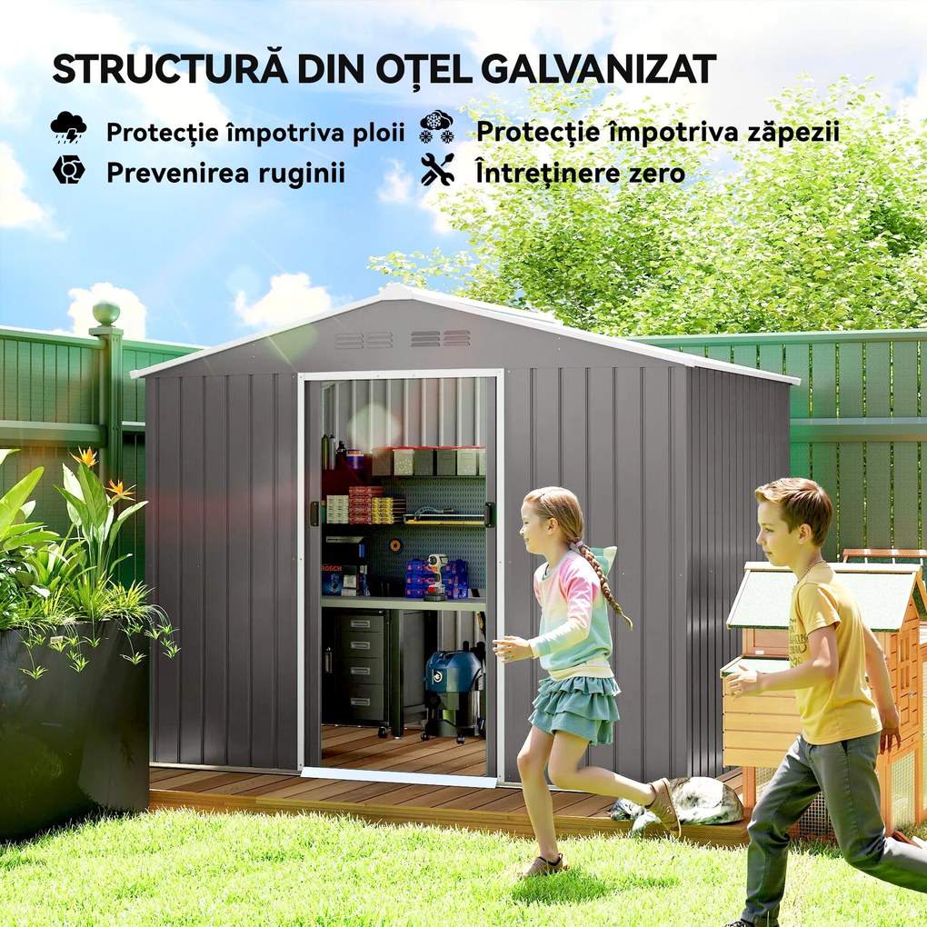 Outsunny Căsuță de grădină 2,3x1,7 m din oțel cu orificii de aerisire și uși duble glisante, efect lemn | Aosom Romania