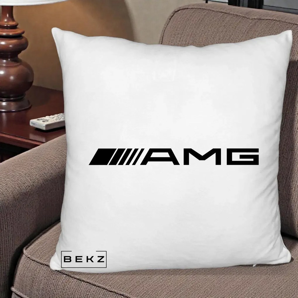 Perna Personalizata cu emblema Mercedes-AMG, 40x40 cm, Alb Pufos, Husa Detasabila, Perna Inclusa, BEKZ®