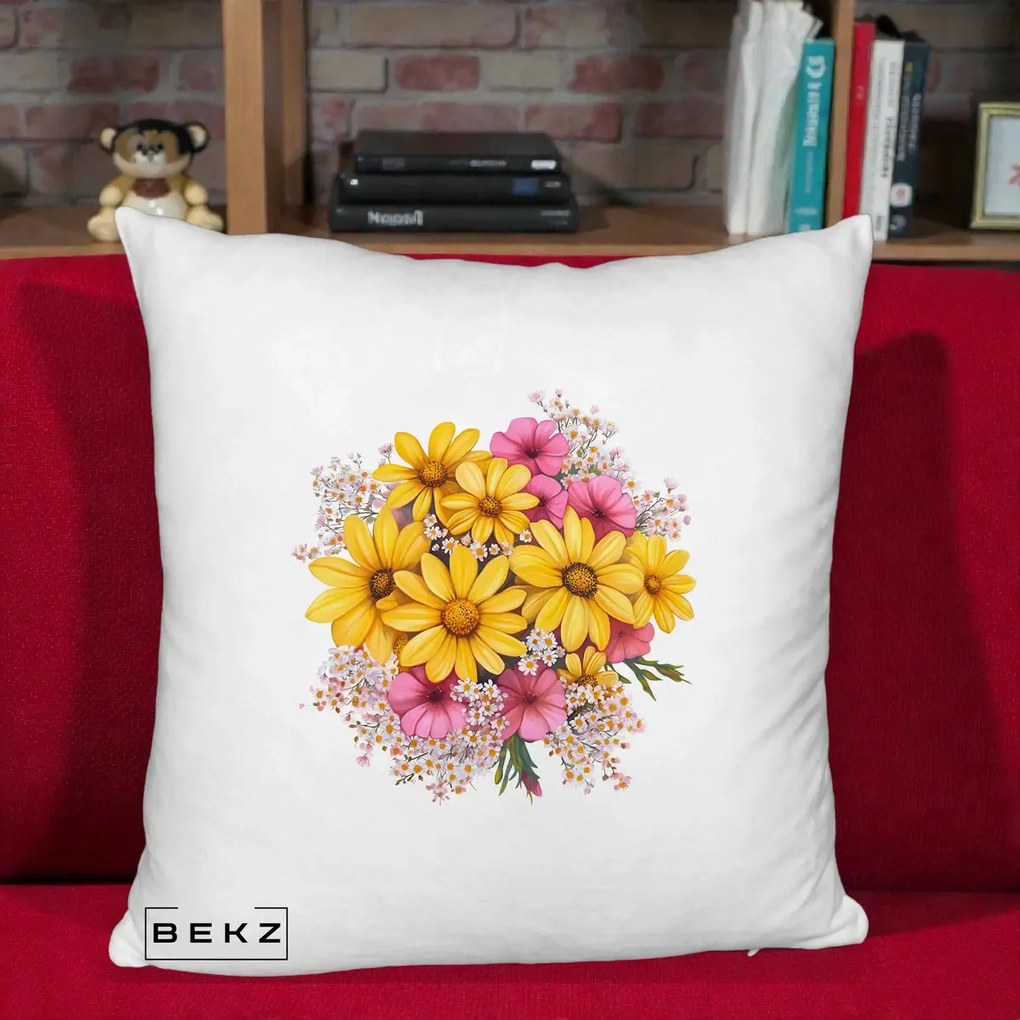 Perna Decorativa Floarea-Soarelui cu Cosmos Roz si Gypsophila, 40x40 cm, Alb Pufos, Husa Detasabila, Perna Inclusa, BEKZ®