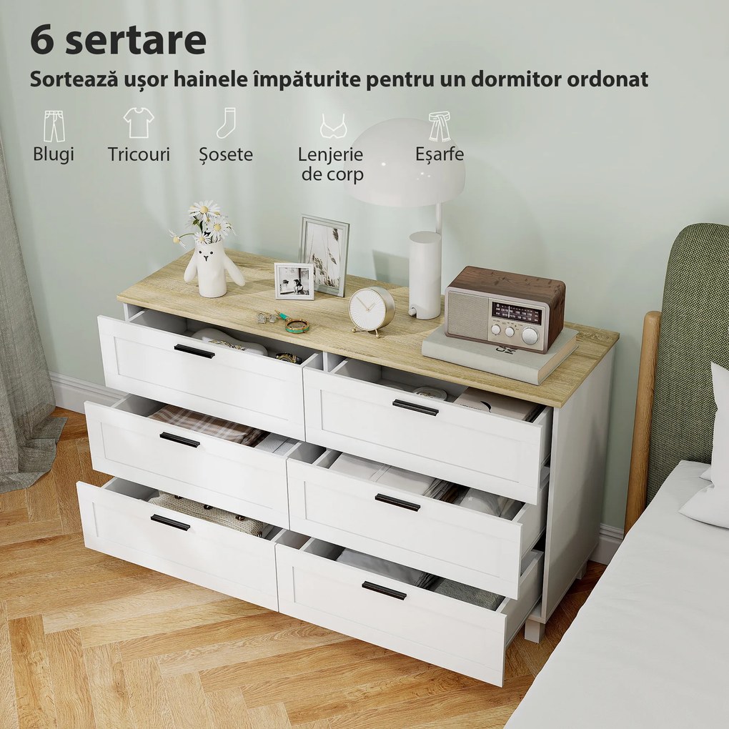 HOMCOM Comodă cu 6 Sertare Modernă din PAL, Lemn de Pin și MDF, 120x38x71 cm, Alb și Culoare Lemn | Aosom Romania