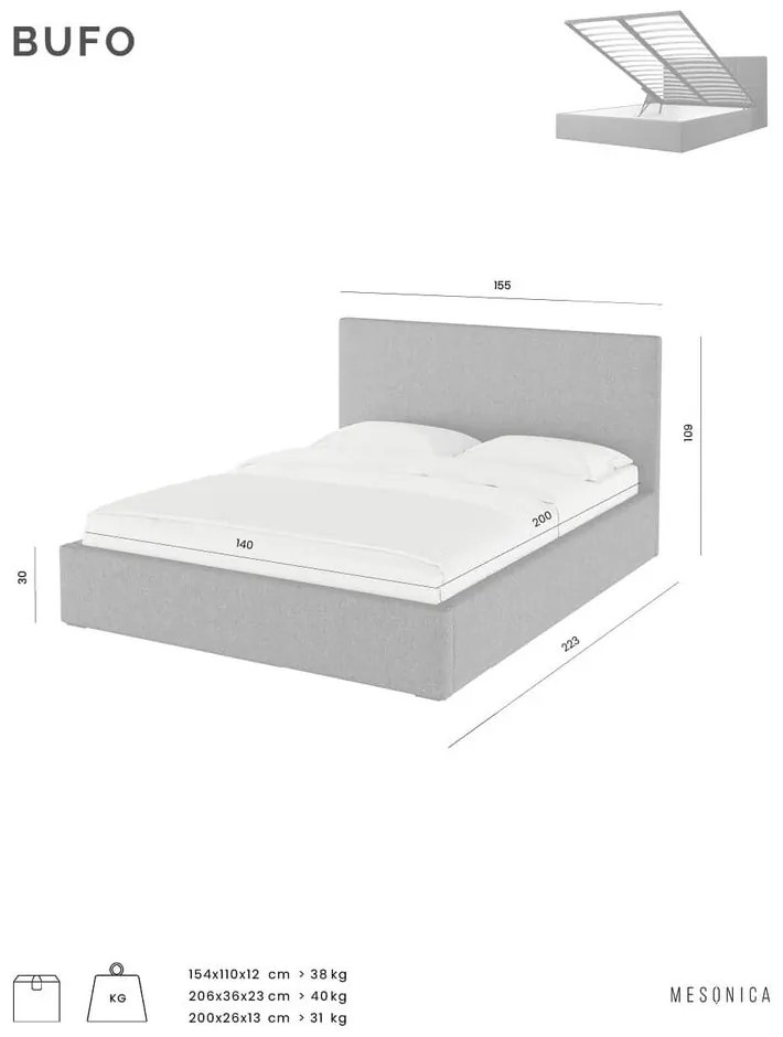 Pat matrimonial bej tapițat cu spațiu de depozitare cu somieră 160x200 cm Bufo – MESONICA