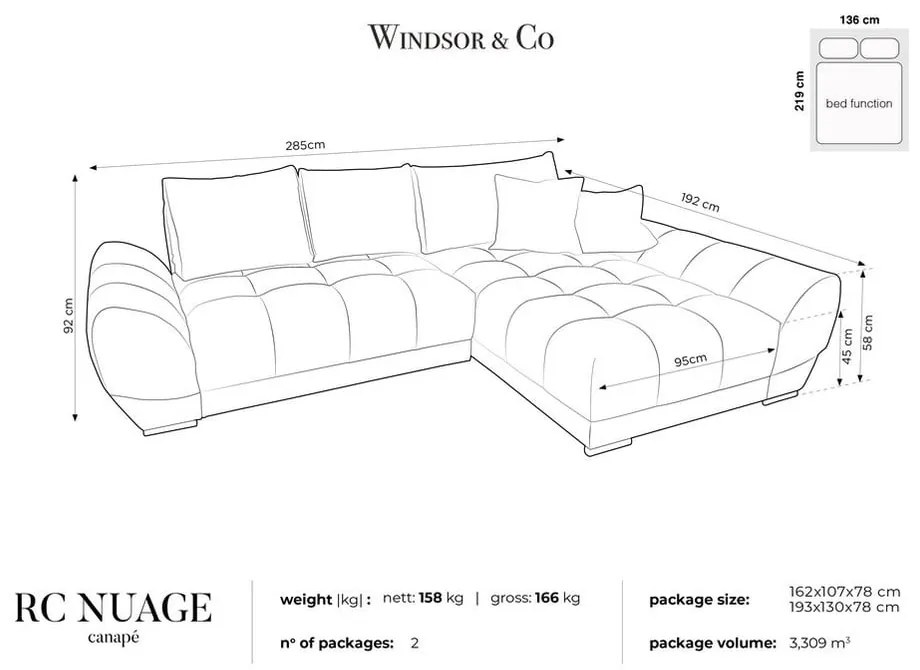 Colțar extensibil cu tapițerie de catifea și șezlong pe partea dreaptă Windsor &amp; Co Sofas Nuage, verde smarald