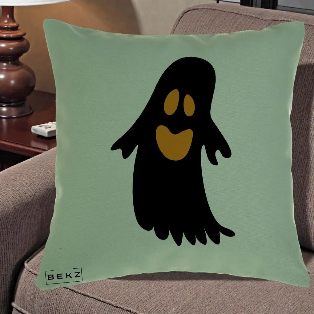 Perna Decorativa Halloween Fantoma Neagra cu Ochi Portocalii, 40x40 cm, Verde, Husa Detasabila, Perna Inclusa, BEKZ®