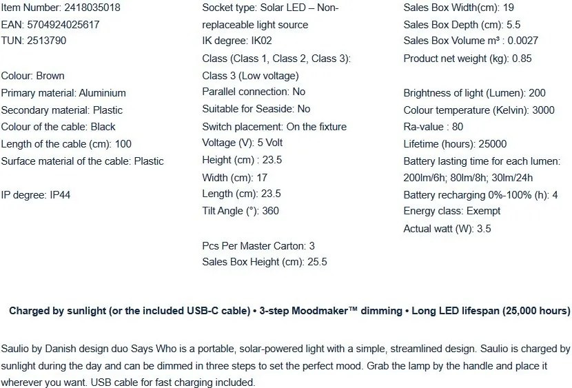Lampa solara LED portabila IP44 Saulio maro deschis