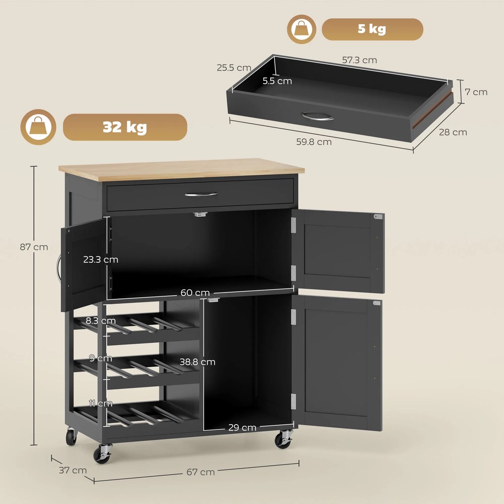 HOMCOM Cărucior de Bucătărie cu Suport pentru Sticle, 3 Uși, 4 Roți și Sertar, Dulapior de Bucătărie, 67x37x87 cm, Negru | Aosom Romania
