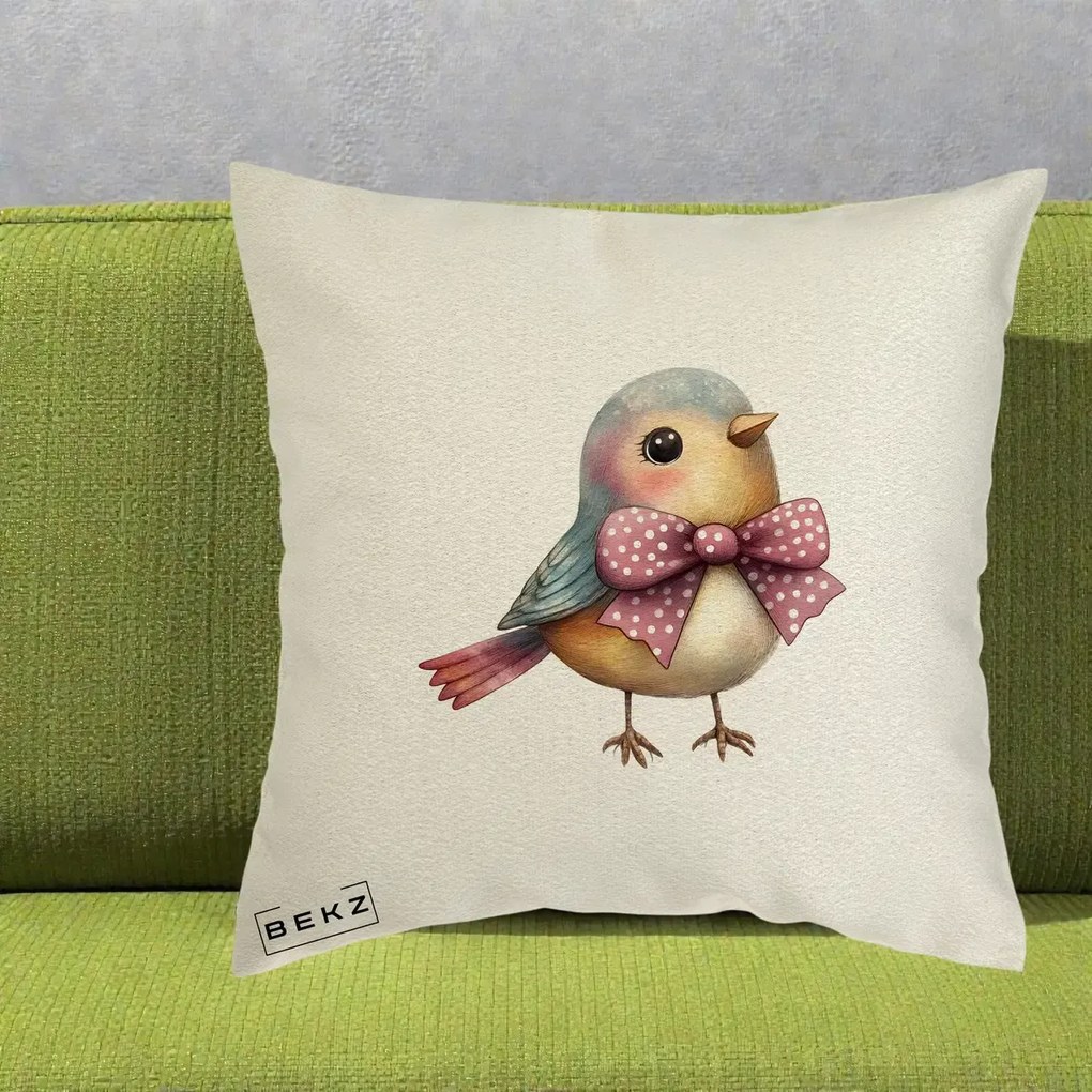 Perna Decorativa Pasare Bleu cu Fundita Roz, 40x40 cm, Ecru, Husa Detasabila, Perna Inclusa, BEKZ®