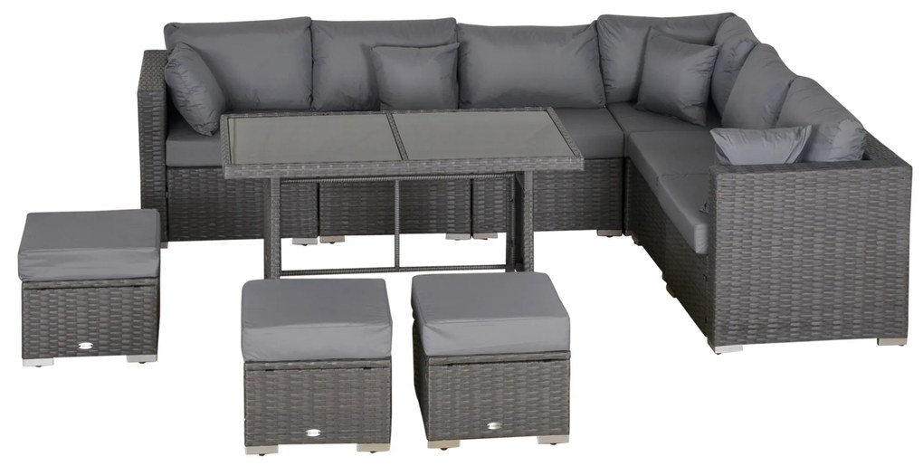 Outsunny Set de Mobilier de Gradina cu 10 Piese in Ratan, cu Perne pentru Scaun si Spatar, Cadru Metalic Anticoroziv, Gri Inchis | Aosom Romania
