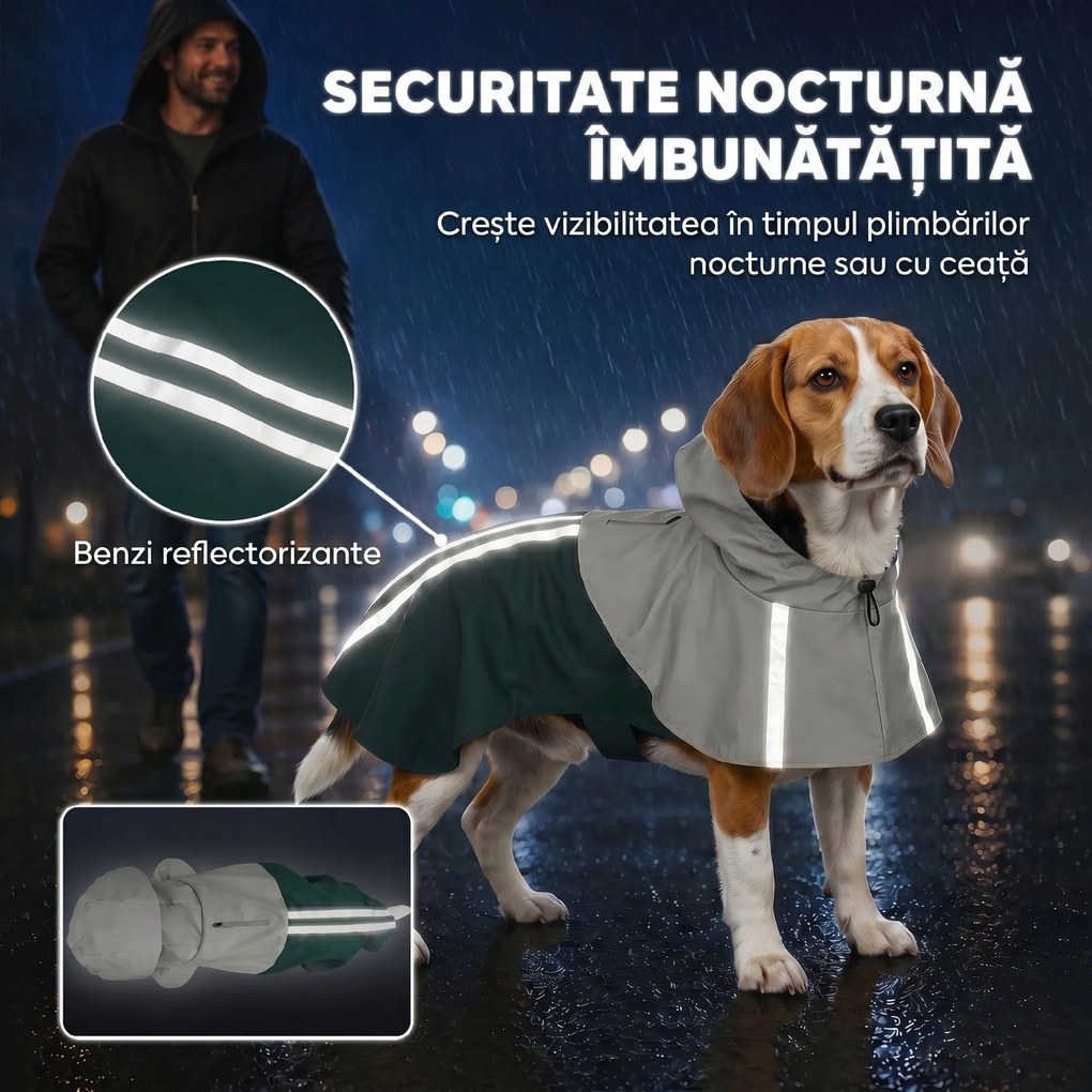 PawHut Haină Impermeabilă pentru Câini cu Glugă, Orificiu pentru Lesă și Benzi Reflectorizante, Talie Medie, Verde | Aosom Romania
