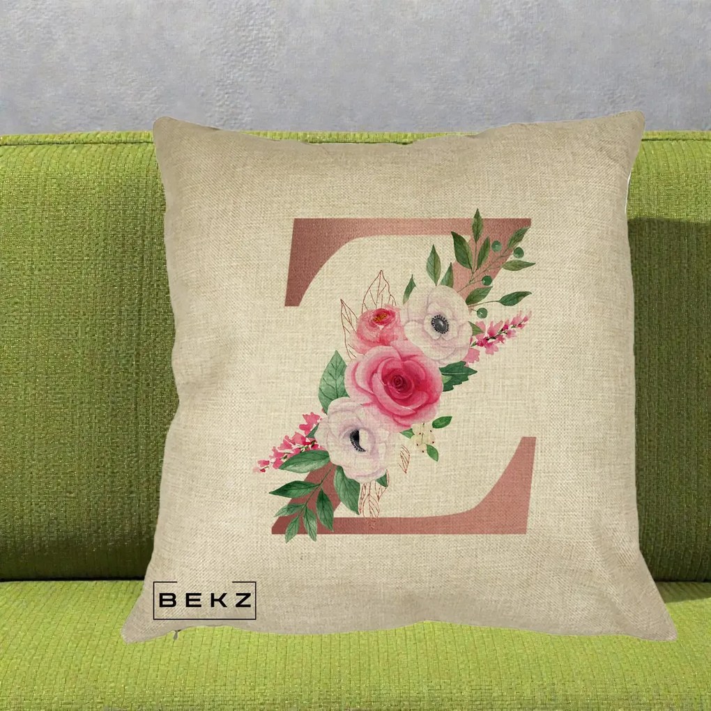 Cadou Personalizat - Perna Personalizata Monograma Rose Gold Litera Z, 40x40 cm, Crem, Husa Detasabila, Perna Inclusa, BEKZ®