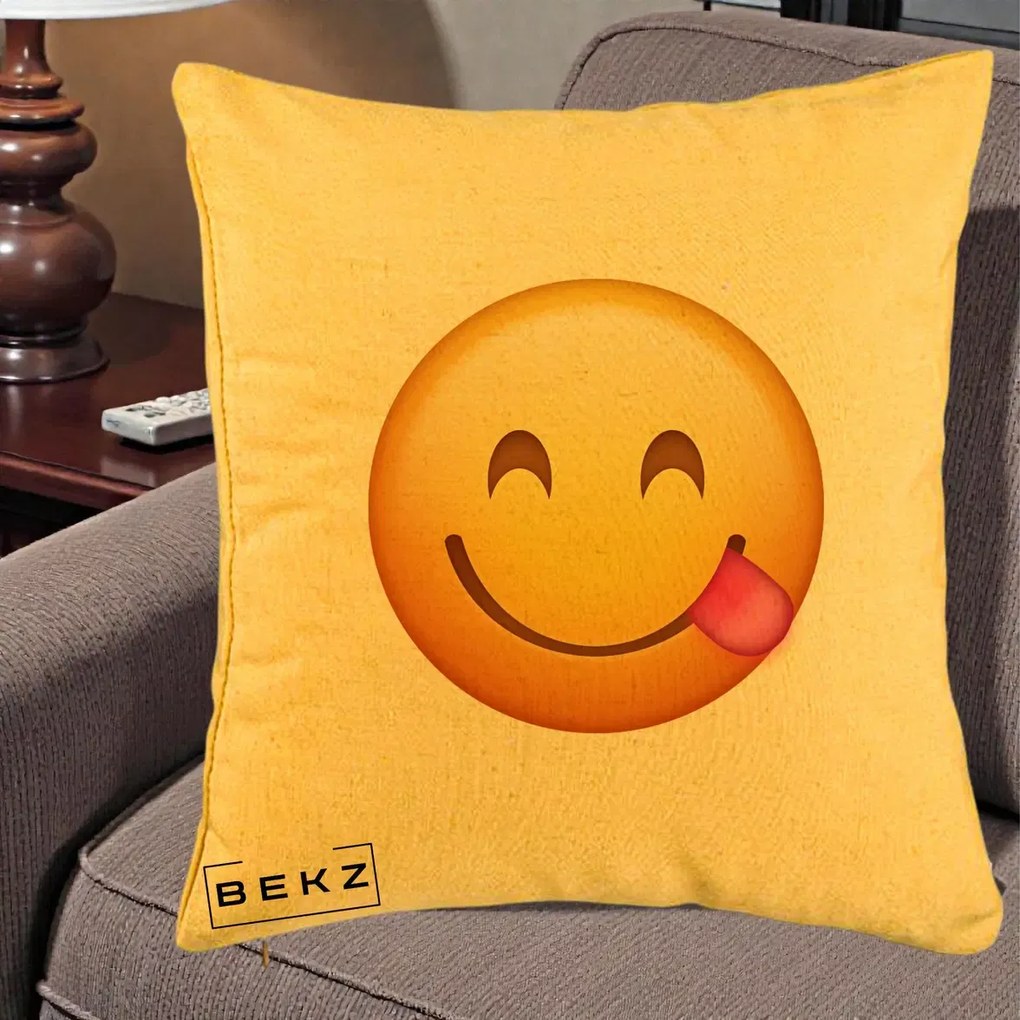Perna Decorativa Emoji Limba Scoasa, 40x40 cm, Galben, Husa Detasabila, Perna Inclusa, BEKZ®
