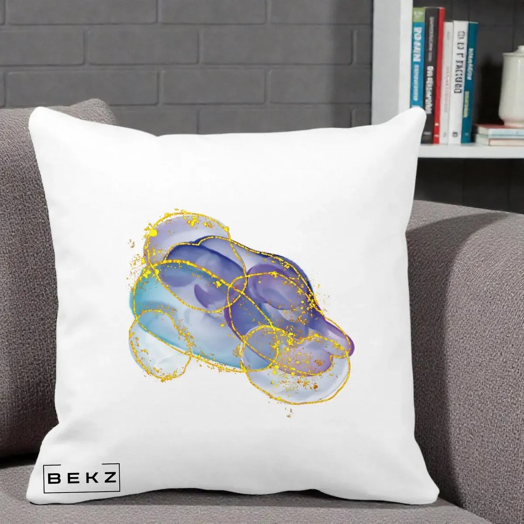 Perna Decorativa Abstract Acuarela Albastru-Mov cu Cercuri Aurii, 40x40 cm, Alba Mata, Husa Detasabila, Perna Inclusa, BEKZ®