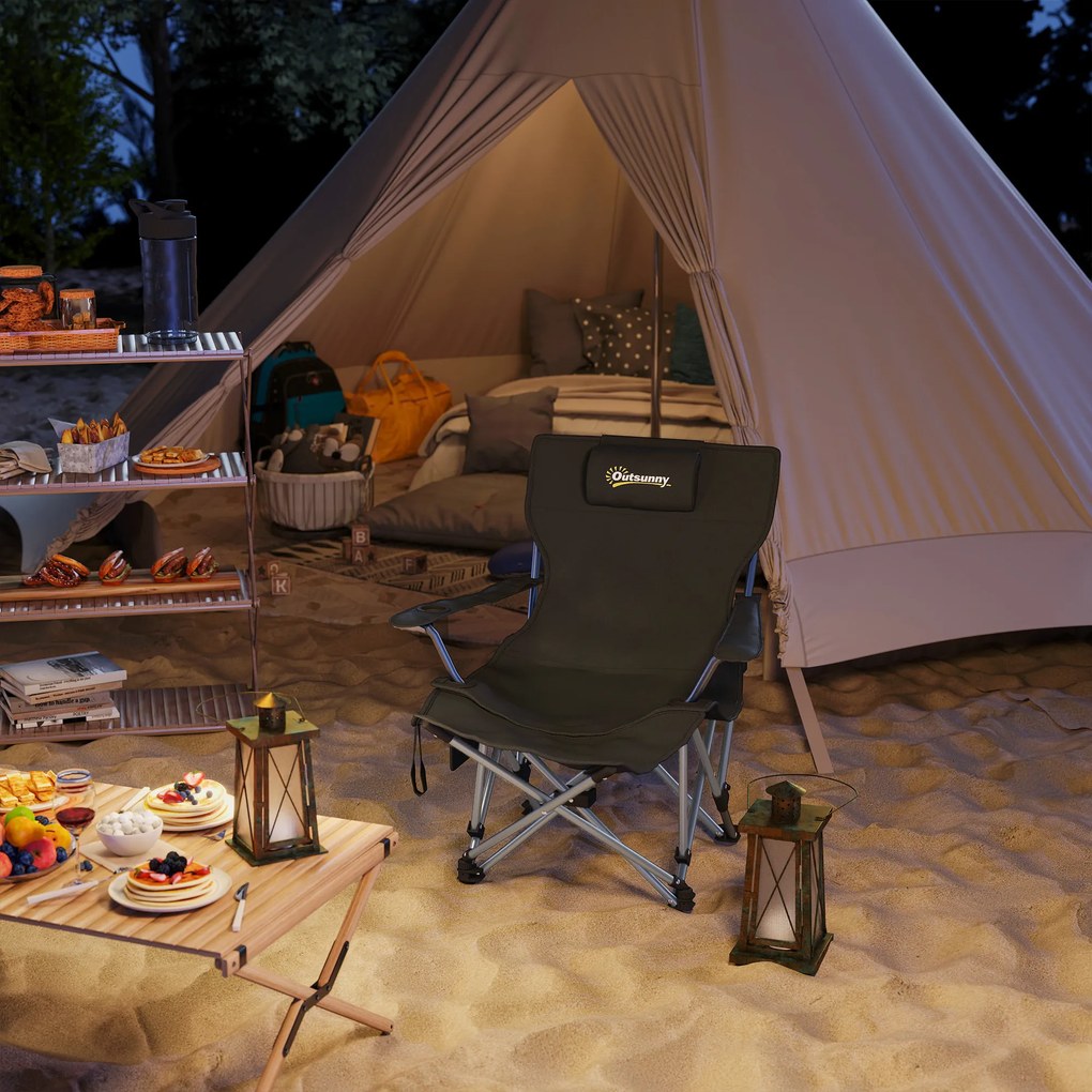 Outsunny Scaun de Camping Pliabil și Rabatabil cu Suport pentru Picioare Detașabil și Tetieră, 82x50/100x88 cm, Negru | Aosom Romania