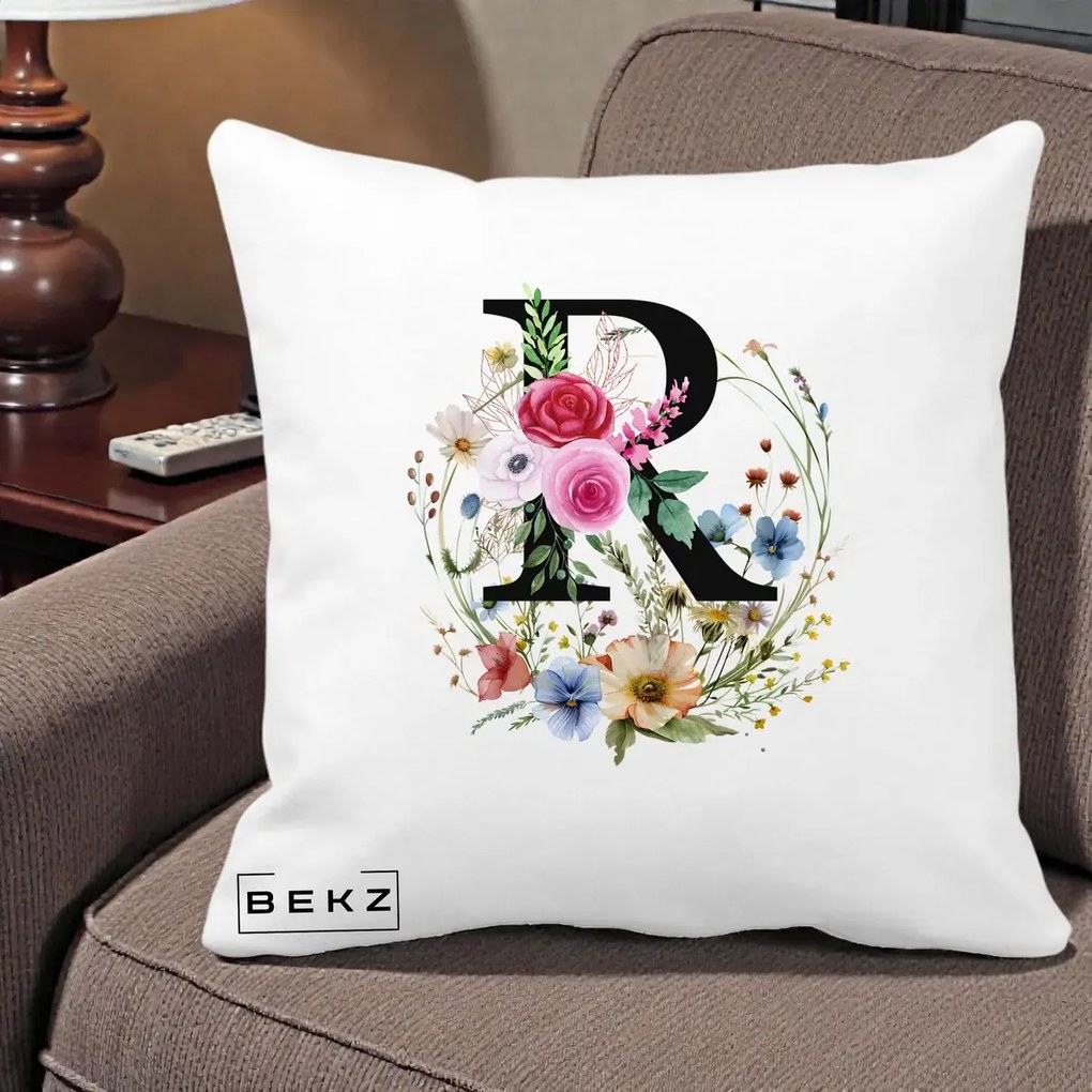 Cadou Personalizat - Perna Personalizata Monogram Litera R cu Flori Acuarela, 40x40 cm, Alba Mata, Husa Detasabila, Perna Inclusa, BEKZ®