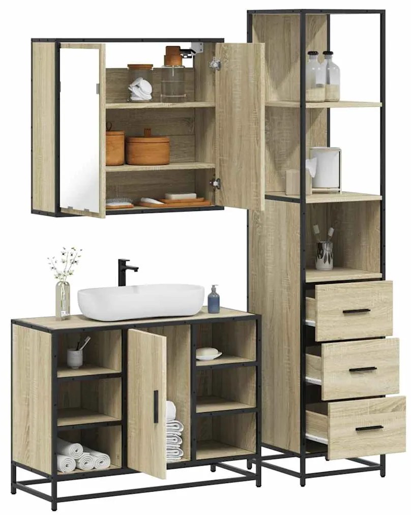 vidaXL Set mobilier de baie, 3 piese, stejar sonoma, lemn prelucrat