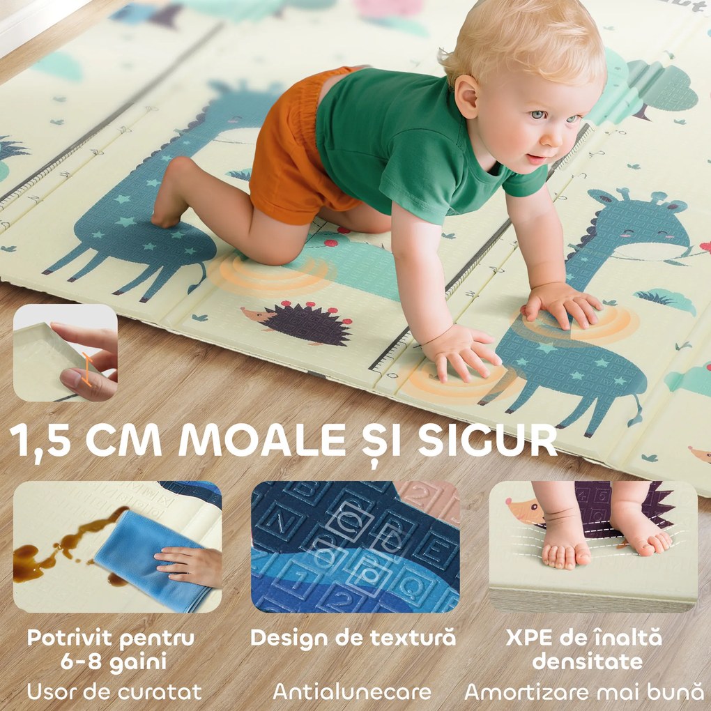 AIYAPLAY Covoraș bebeluși pliabil, față-verso, 196x176cm, temă cerbi și balene | Aosom Romania