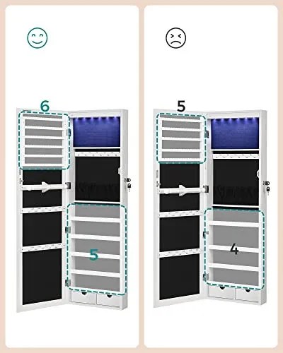 Dulap bijuterii cu oglinda, 108 x 37 x 9.3 cm, MDF / catifea, alb, Songmics