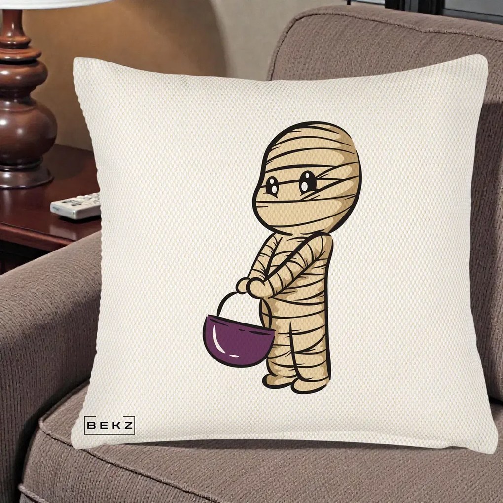 Perna Decorativa Halloween Mummy Kawaii cu Cos, 40x40 cm, Crem Reliefat, Husa Detasabila, Perna Inclusa, BEKZ®