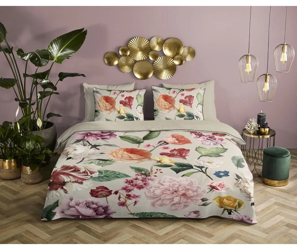 Lenjerie de pat bej din bumbac satinat pentru pat dublu, extinsă 200x220 cm Fiori – Descanso