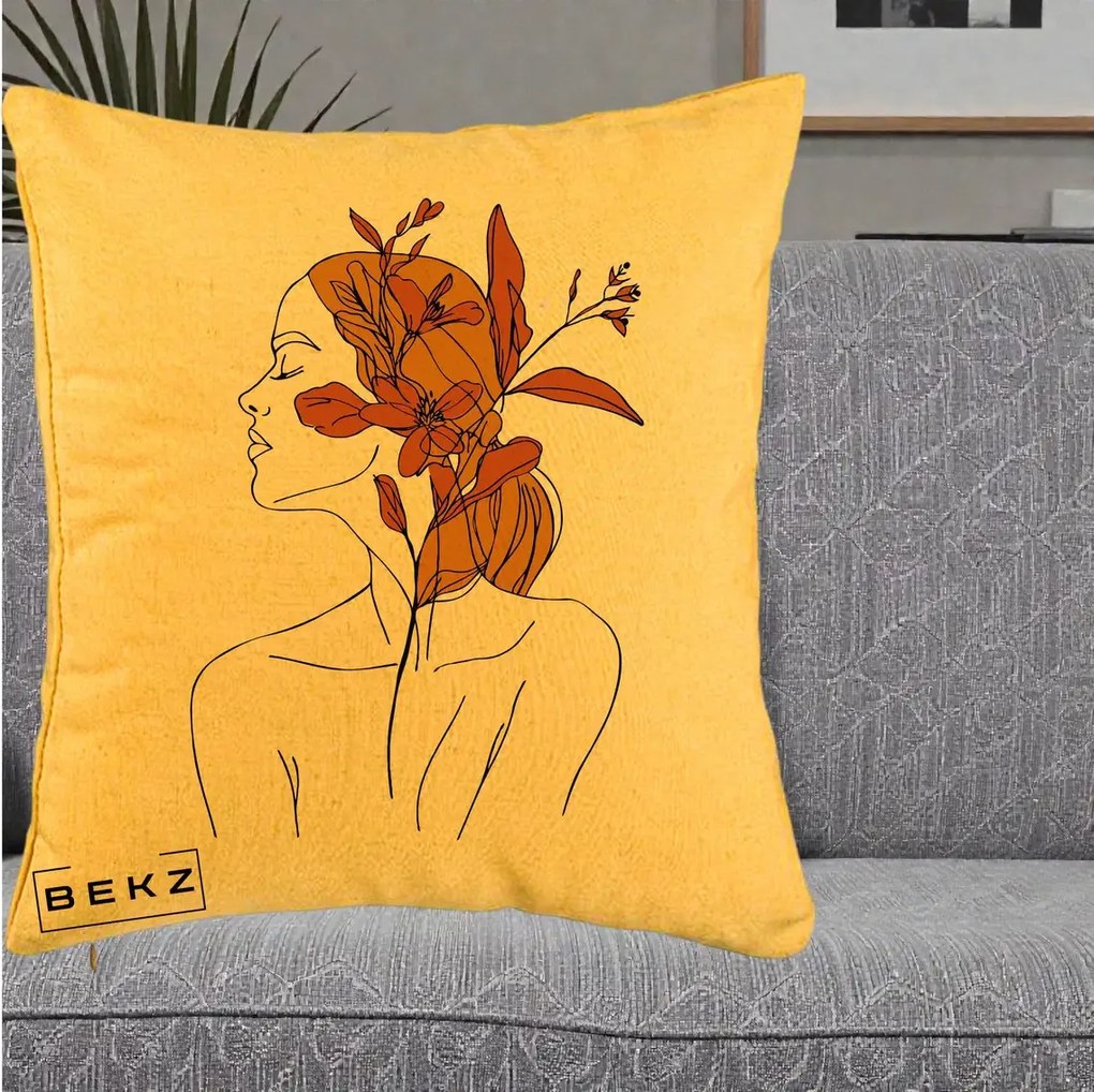 Perna Decorativa Portret Feminin Crin Ruginiu Auriu, 40x40 cm, Galben, Husa Detasabila, Perna Inclusa, BEKZ®