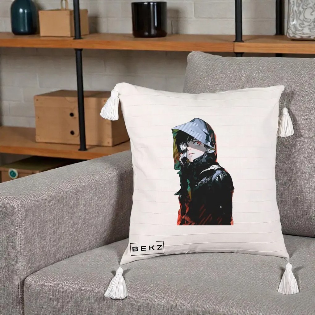 Perna Personalizata Tokyo Ghoul Ken Kaneki cu Masca si Gluga, 40x40 cm, Bej cu Franjuri, Husa Detasabila, Perna Inclusa, BEKZ®