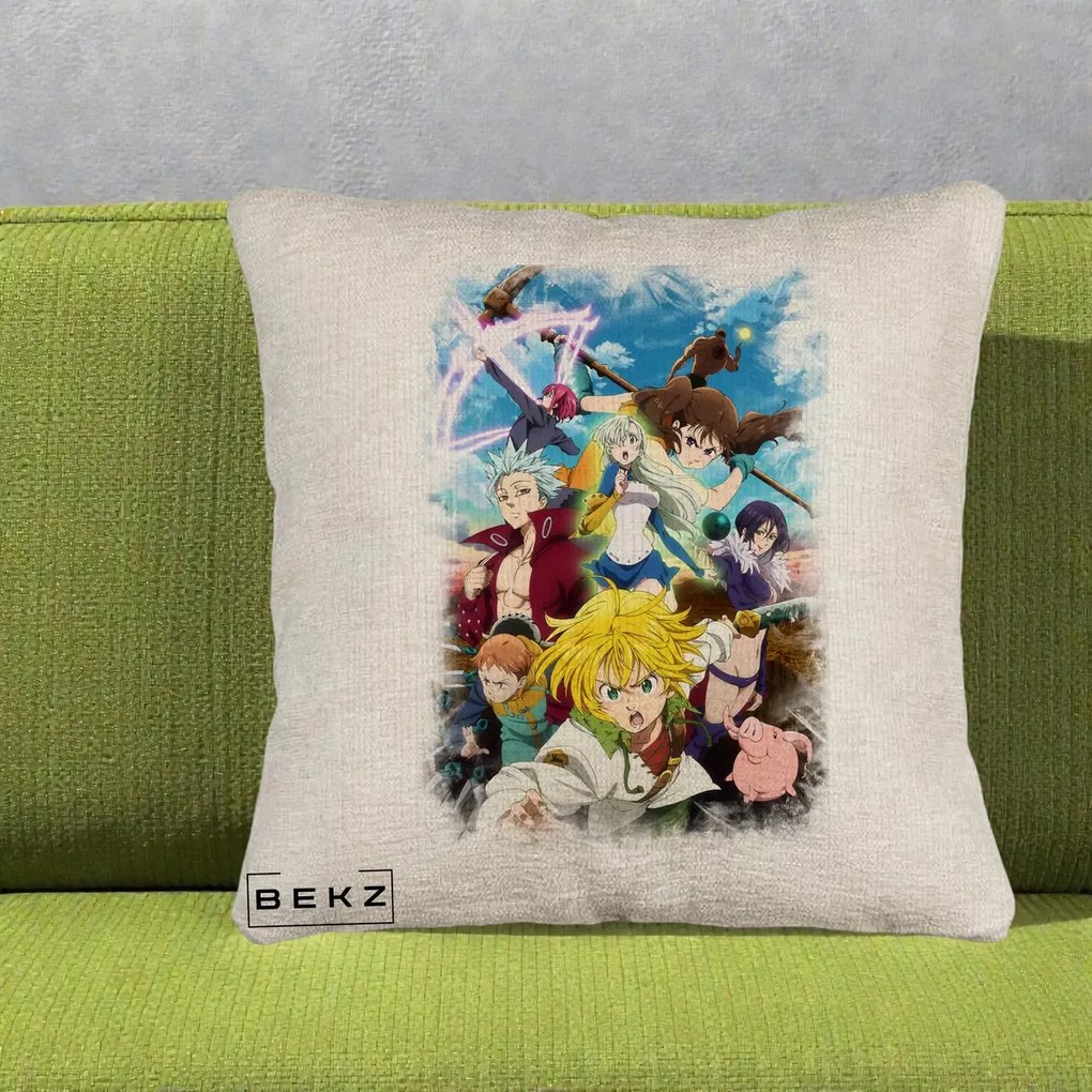 Perna Personalizata Nanatsu no Taizai Cele Sapte Pacate Mortale Anime, 40x40 cm, Bej Canapea, Husa Detasabila, Perna Inclusa, BEKZ®