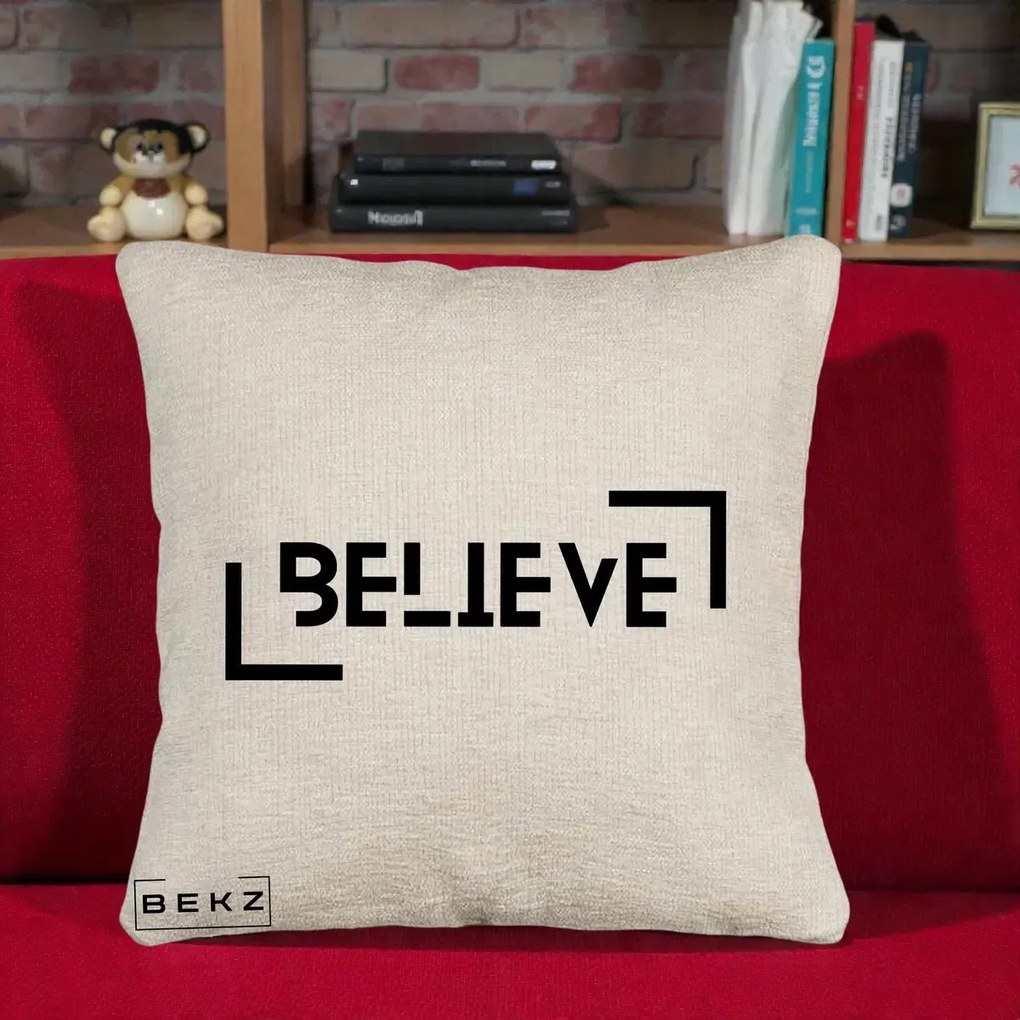 Perna Decorativa Believe Minimalist, 40x40 cm, Bej Canapea, Husa Detasabila, Perna Inclusa, BEKZ®