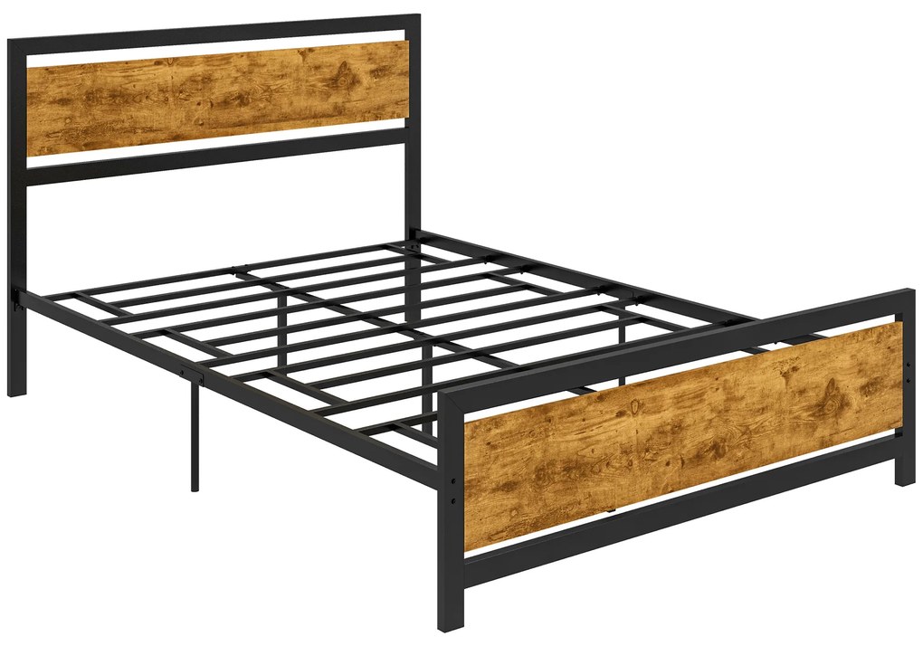 HOMCOM Cadru de Pat Single din Lemn și Oțel 140x200cm, Sipci, Tetieră Stil Industrial, Negru/Maro Rustic | Aosom Romania
