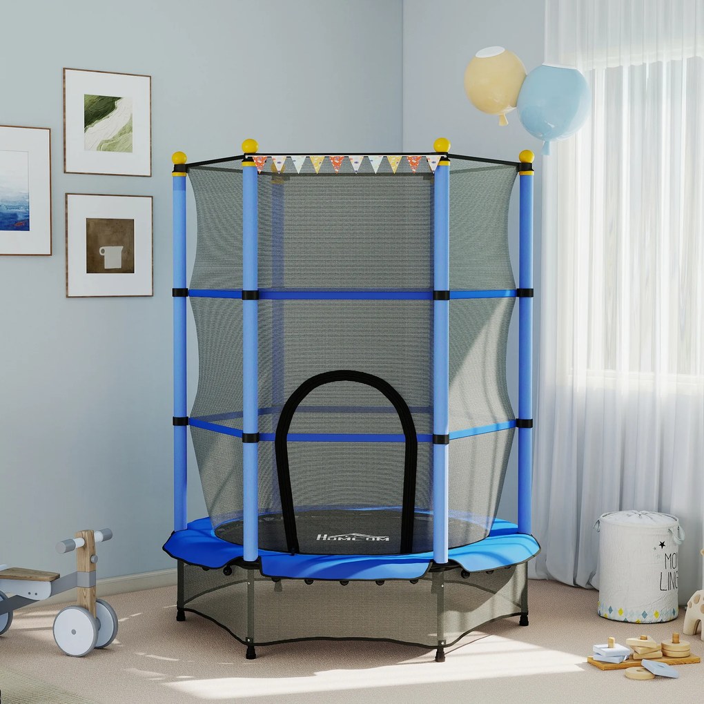 HOMCOM Trambolină Elastică pentru Copii cu Plasă de Siguranță și Țevi Căptușite, Vârstă 3-10 Ani, Ø140x190 cm, Albastru | Aosom Romania