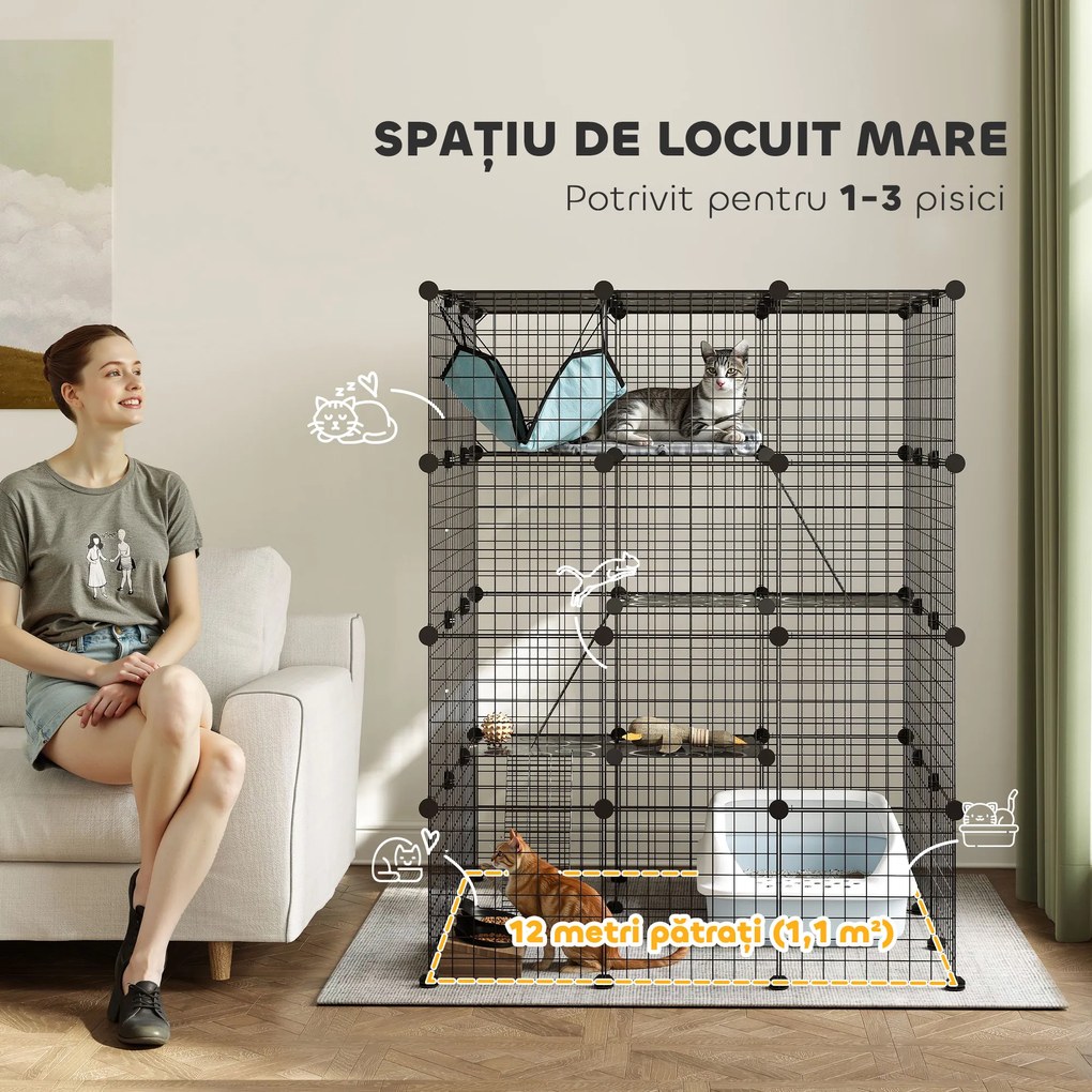 PawHut Căsuță pentru Pisici cu 4 Nivele, 3 Platforme de Sărit, Rampe, 5 Uși și Covoare Antiderapante, 105x105x140 cm, Negru | Aosom Romania