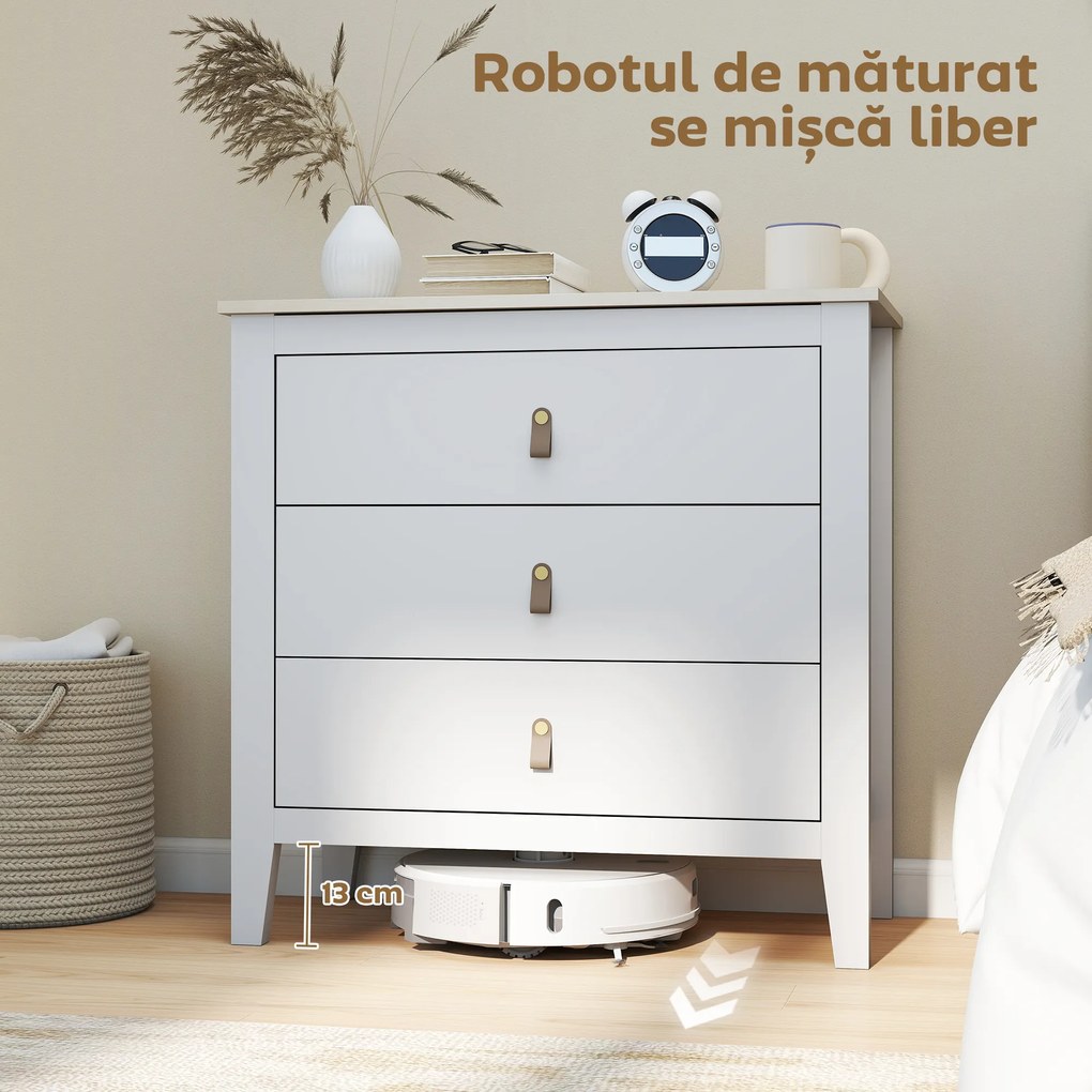 HOMCOM Comodă cu 3 Sertare și Mânere din Piele Ecologică Albă | Aosom Romania