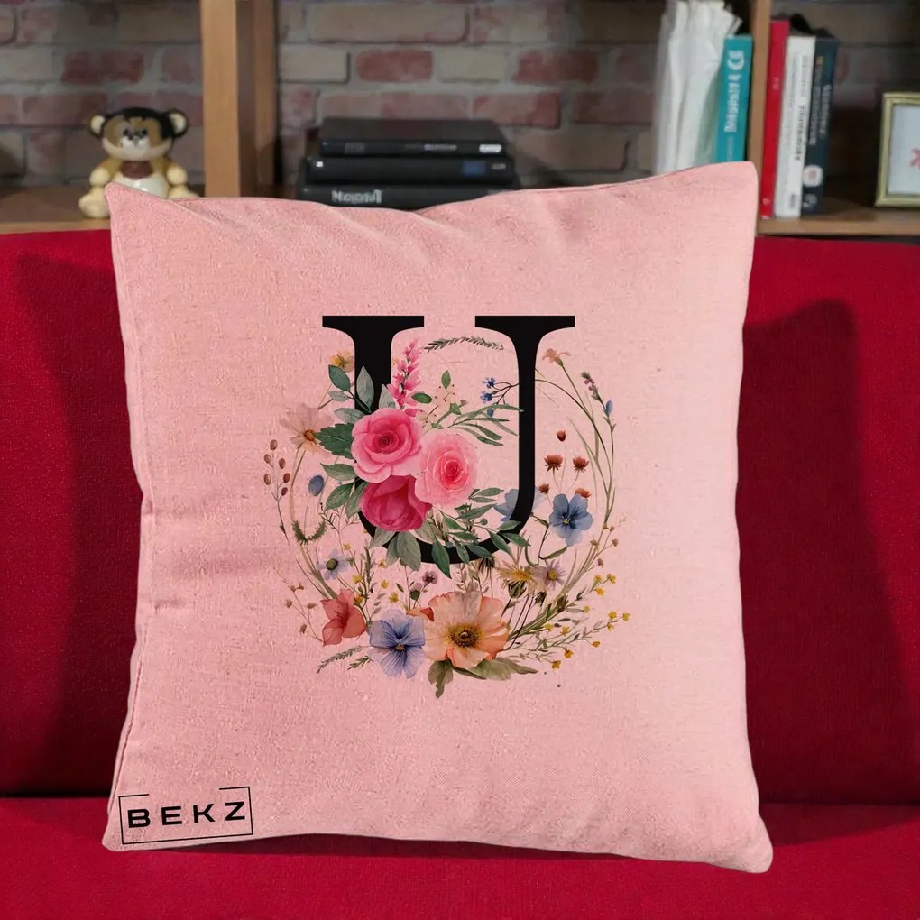 Cadou Personalizat - Perna Personalizata Monogram Litera U cu Flori Acuarela, 40x40 cm, Roz, Husa Detasabila, Perna Inclusa, BEKZ®