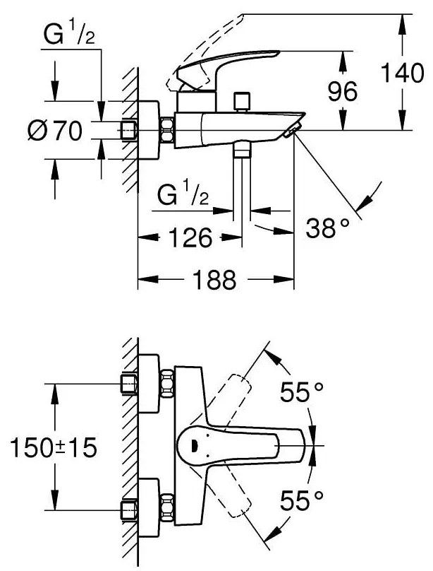 Baterie cada Grohe Eurosmart 2021, crom,montare perete-33300003