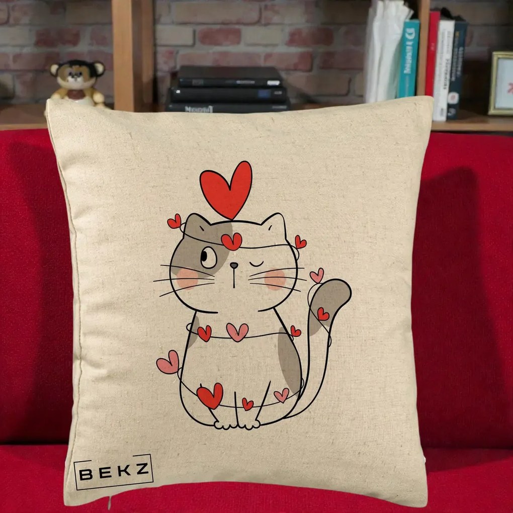 Perna Decorativa Pisica Kawaii cu Inimi, 40x40 cm, Bej, Husa Detasabila, Perna Inclusa, BEKZ®