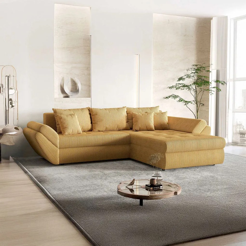 Colțar extensibil dumonde cu ladă de depozitare si sezut confortabil din spuma high-density, Loana Zoom Mustar II 270x185 cm