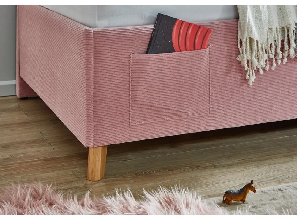 Pat pentru copii roz pe colț tapițat cu spațiu de depozitare cu somieră 140x200 cm Cool – Meise Möbel