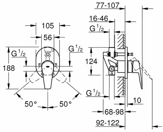 Baterie cada - dus incastrata Grohe BauEdge New crom