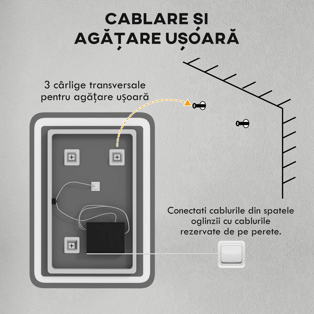 kleankin Oglindă LED, pentru Baie și Machiaj,lumina Reglabilă cu 3 Temperaturi de Culoare, Design anti-aburire, 70x50 cm, Argintiu | Aosom Romania
