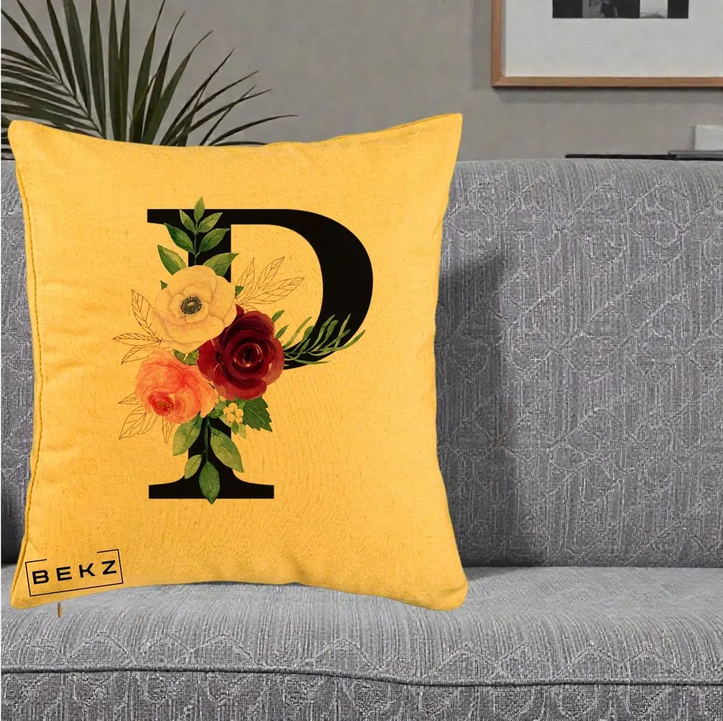 Cadou Personalizat - Perna Personalizata Monograma Florala Litera P, 40x40 cm, Galben, Husa Detasabila, Perna Inclusa, BEKZ®