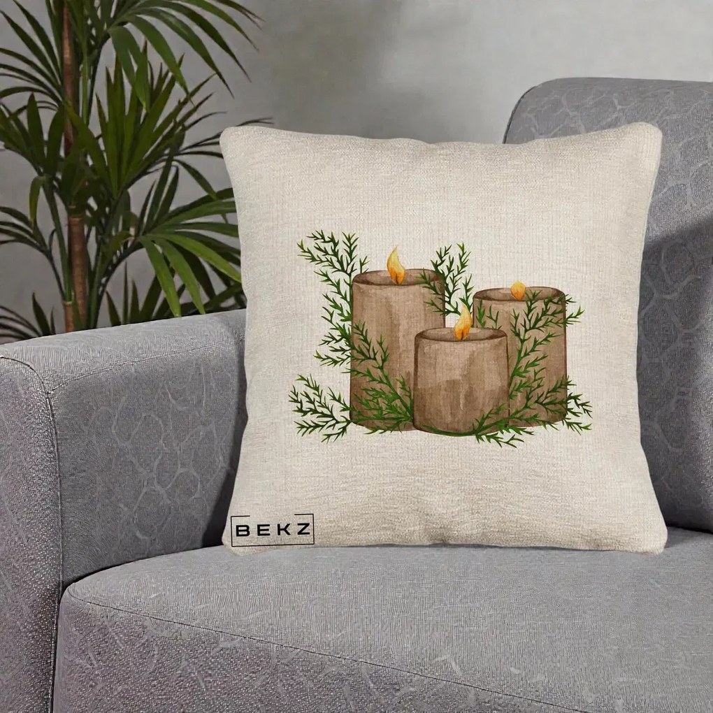 Perna Decorativa Lumanari Rustice cu Crengute Brad, 40x40 cm, Bej Canapea, Husa Detasabila, Perna Inclusa, BEKZ®